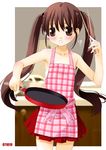  :o apron armpits bare_shoulders blush bow cooking cowboy_shot frying_pan holding indoors kitchen long_hair looking_at_viewer noto_(soranoto) open_mouth original pleated_skirt red_bow sidelocks skirt solo twintails very_long_hair 
