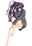  absurdres barefoot bottomless breasts carnelian cleavage highres kao_no_nai_tsuki kuraki_suzuna legs long_hair medium_breasts naked_shirt open_clothes open_shirt purple_hair ribbon shirt solo 