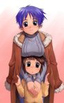  age_difference blue_eyes blue_hair blush breast_rest breasts breasts_on_head brown_eyes brown_hair large_breasts mature mother_and_daughter multiple_girls original satou_toshiyuki 