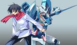  armor gradient gradient_background gundam gundam_00 gundam_exia holding holding_sword holding_weapon karamiti long_sleeves machinery male_focus mecha outstretched_arm pants red_scarf scarf setsuna_f_seiei simple_background solo sweater sword weapon 