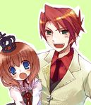  1girl blue_eyes brown_hair cousins crown fang formal green_eyes necktie oekaki red_hair suit suzushiro_kurumi umineko_no_naku_koro_ni ushiromiya_battler ushiromiya_maria 