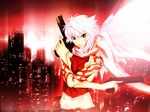  backlighting bakuretsu_tenshi breast_press breasts building cityscape crossed_arms dual_persona dual_wielding gun hakua_ugetsu handgun highres holding holding_gun holding_weapon jo_(bakuretsu_tenshi) looking_at_viewer medium_breasts pistol red_eyes red_shirt scarf shirt single_wing skyscraper solo tattoo upper_body weapon white_hair white_wings wings 