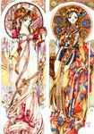  aerith_gainsborough art_nouveau dress earrings final_fantasy final_fantasy_vii flower full_body headdress highres jewelry long_dress long_hair multiple_girls nao_tsukiji necklace pink_dress tifa_lockhart 