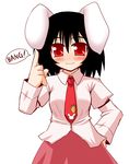  animal_ears arayama_reiichi black_hair bunny_ears inaba_tewi index_finger_raised long_sleeves necktie red_eyes red_neckwear short_hair simple_background solo speech_bubble talking text_focus touhou white_background 
