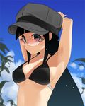  armpits arms_up bikini black_hair blue_eyes cabbie_hat copyright_request day hat oota_yuuichi sky solo sunglasses swimsuit 