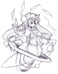  book crescent floating_hair flying_paper graphite_(medium) greyscale hat jitome long_hair magic monochrome paper patchouli_knowledge planet sketch solo touhou traditional_media yuuki_eishi 