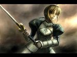  armor artoria_pendragon_(all) blonde_hair fate/stay_night fate_(series) letterboxed oisin saber solo sword weapon yellow_eyes 