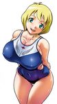  arms_behind_back blonde_hair blue_swimsuit breasts cleavage covered_nipples curvy erstin_ho fukudahda garderobe_swimsuit green_eyes huge_breasts my-otome one-piece_swimsuit school_swimsuit short_hair solo swimsuit thigh_gap wide_hips 