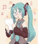  @_@ beamed_eighth_notes beamed_sixteenth_notes bespectacled blue_eyes blue_hair detached_sleeves eighth_note glasses hatsune_miku long_hair magamoto musical_note natural_sign necktie solo treble_clef twintails vocaloid 