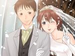  1girl ;p arm_holding asymmetrical_clothes bangs bare_shoulders black_hair blue_eyes blush breasts bridal_veil bride brown_eyes buttons closed_mouth confetti couple cravat door dress earrings elbow_gloves formal game_cg gloves groom hair_between_eyes heart hetero ikari_shinji ikari_shinji_raising_project jewelry kirishima_mana leaning_forward light_smile looking_at_viewer neon_genesis_evangelion neon_genesis_evangelion:_iron_maiden one_eye_closed open_clothes open_door parted_bangs red_hair see-through short_hair small_breasts smile spaghetti_strap stud_earrings suit tiara tongue tongue_out upper_body v veil waistcoat wedding wedding_dress white_dress white_gloves yonekura_kengo 