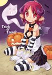  arm_warmers bare_shoulders bat breasts choker cleavage demon_girl fang ghost gloves halloween heisa horns jack-o'-lantern medium_breasts moon night original pumpkin red_eyes red_hair sitting striped striped_legwear thighhighs trick_or_treat wariza wings 