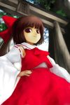 arch brown_eyes brown_hair closed_mouth day detached_sleeves dress from_below hakurei_reimu hands_on_hips long_sleeves looking_at_viewer looking_down oisin outdoors plant red_dress short_hair smile solo torii touhou tree wide_sleeves 