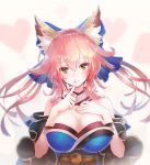  1girl animal_ear_fluff animal_ears bangs bare_shoulders blue_kimono breasts cleavage commentary_request fate/extella fate/extra fate/grand_order fate_(series) finger_to_mouth fox_ears hair_between_eyes hand_on_own_chest heart heart_background japanese_clothes kimono large_breasts long_hair long_sleeves looking_at_viewer orange_eyes pink_background pink_hair shushing smile tamamo_(fate)_(all) tamamo_no_mae_(fate) tanaka_ken&#039;ichi upper_body wide_sleeves 