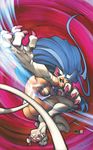  ahoge angry animal_ears arnold_tsang ass back bangs big_hair blue_eyes blue_hair breasts cat_ears cat_tail claws feet felicia fighting_stance foreshortening fur hands highres joe_madureira jumping large_breasts leaning_forward lips long_hair looking_at_viewer looking_back motion_blur nude official_art outstretched_arm paws profile ribs sideboob signature slit_pupils soles solo tail udon_entertainment vampire_(game) very_long_hair 