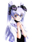  aizawa_kotarou black_shirt blue_eyes capelet cloak headgear long_hair looking_at_viewer muvluv own_hands_together shirt silver_hair simple_background solo twintails white_background yashiro_kasumi 
