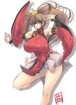  breasts brown_hair china_dress chinese_clothes curvy detached_sleeves dress erect_sawaru fighting_stance gloves guilty_gear huge_breasts kuradoberi_jam leg_lift long_hair panties solo underwear white_panties 