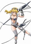  blonde_hair blue_eyes breasts cleavage earrings elina fur gauntlets hairband highres hisayuki_hirokazu jewelry large_breasts loincloth long_hair non-web_source official_art polearm queen's_blade solo spear weapon 