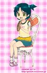  blue_hair clothes_writing copyright_request food green_eyes hair_bobbles hair_ornament highres holding holding_food onija_tarou open_mouth pigeon-toed pink_background pink_footwear plaid plaid_background shirt short_sleeves sitting skirt solo striped striped_shirt upper_teeth watermark web_address yakisoba 