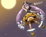  breasts covered_nipples face full_moon haganemaru_kennosuke halloween jack-o'-lantern moon naked_pumpkin night night_sky no_panties original pumpkin pumpkin_costume purple_hair sky small_breasts solo translated twintails wallpaper 