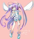  ;d blue_skirt brown_eyes copyright_request ein_(long_cake) happy long_hair one_eye_closed open_mouth pink_background pleated_skirt purple_hair shoes skirt smile solo twintails two_side_up wings 