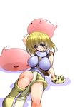 :d bare_legs blue_eyes blush breasts creature gloves gunner-l huge_breasts looking_at_viewer on_head open_mouth ragnarok_online short_hair simple_background sitting smile solo white_background 