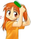  artist_request azumanga_daiou brown_eyes eighth_note hair_brush hairdressing long_hair lowres mihama_chiyo musical_note red_hair shirt short_twintails simple_background solo t-shirt twintails white_background 