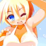  ;d arm_up armpits artist_request blonde_hair blue_eyes blush breasts cleavage collarbone large_breasts lowres lucky_star one_eye_closed open_mouth patricia_martin smile solo swimsuit tan water_drop watermark 