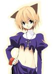  animal_ears blonde_hair blue_eyes cat_ears cross latin_cross midriff navel priest priest_(ragnarok_online) ragnarok_online sanada_taketo solo torn_clothes 