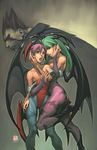  2girls :o animal_print arm_grab arnold_tsang bangs bare_shoulders bat bat_print bat_wings black_leotard blue_legwear boots breasts bridal_gauntlets brown_hair center_opening cleavage collarbone demitri_maximoff demon_girl flat_chest frown fur_trim green_eyes green_hair grin hair_between_eyes hand_on_another's_face hand_on_thigh head_wings high_heels highleg highleg_leotard highres hug incest large_breasts leg_lift legs leotard lilith_aensland long_hair looking_at_viewer looking_away looking_back morrigan_aensland multiple_girls naughty_face open_mouth pantyhose parted_lips print_legwear profile purple_hair purple_legwear red_eyes red_leotard shoes short_hair siblings sideboob signature sisters smile spiked_hair standing standing_on_one_leg succubus udon_entertainment vampire vampire_(game) wings yuri 
