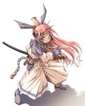  asuka_(fns) belt chain fuurai_no_shiren gloves green_eyes headband ponytail ready_to_draw sheath sheathed shiragi solo sword weapon 