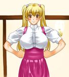  anna_miller blonde_hair blush breasts huge_breasts kamia_(not_found) long_hair looking_at_viewer matsuoka_kiyone orange_eyes original solo twintails waitress 