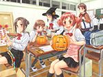  6+girls apron bag blush book box boxcutter brown_eyes brown_hair can cardboard_box chair chalkboard classroom closed_eyes desk focused glasses grin hair_ornament hairclip halloween happy_halloween hat holding holding_bag holding_can jack-o'-lantern leaning_forward low_twintails multiple_girls original paper_chain paper_roll pen pleated_skirt pumpkin red_hair safety_pin saimon school_desk school_uniform short_hair short_twintails shoulder_bag sitting skirt sliding_doors smile spoon twintails witch_hat 