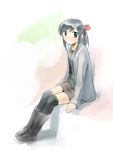  black_hair black_legwear blue_eyes boots bow cardigan hair_bow ikeda_jun_(mizutamari) original pencil_skirt ponytail sitting skirt solo source_request thighhighs 