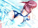  ass bent_over cameltoe chain-link_fence dutch_angle fence from_behind frown game_cg hair_ribbon hiide one-piece_swimsuit pool red_eyes red_hair ribbon school_swimsuit shiny shiny_clothes short_hair splashing swimsuit water yotsunoha yuzuki_iori 