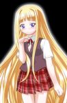  black_background blonde_hair blue_eyes blush cowboy_shot evangeline_a_k_mcdowell gambler_club long_hair mahora_academy_middle_school_uniform mahou_sensei_negima! plaid plaid_skirt pleated_skirt red_skin school_uniform short_sleeves sidelocks simple_background skirt solo very_long_hair vest 