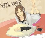 :d barefoot brown_eyes brown_hair dated digital_media_player english feet_up frilled_sleeves frills grey_hoodie headphones hood hood_down ipod looking_at_viewer lying on_stomach open_mouth original pillow shorts smile solo the_pose yoshito 