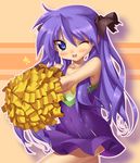  ;d beige_background blush breasts cheering cheerleader cowboy_shot dancing dress hiiragi_kagami kink long_hair looking_at_viewer lucky_star one_eye_closed open_mouth purple_dress purple_eyes purple_hair simple_background small_breasts smile solo standing thighs tsurime very_long_hair 
