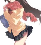  bag black_hair cardigan deyuuku head_out_of_frame holding_strap long_hair open_mouth original plaid plaid_scarf pleated_skirt red_scarf scarf school_uniform shoulder_bag simple_background skirt solo white_background 