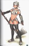  armor axe bandaid bandaid_on_face boots breastplate breasts brown_eyes brown_hair full_body helmet highres original realistic scan scan_artifacts small_breasts solo standing thigh_boots thighhighs tsukasa_jun warrior weapon 
