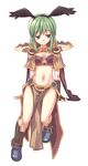  arm_support arm_warmers blue_eyes boots capelet full_body green_hair hairband head_wings long_hair looking_away midriff ragnarok_online sage_(ragnarok_online) simple_background smile solo tanaka_(cow) 