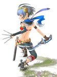  back belt blue_hair bra copyright_request from_behind hairband knife lingerie red_eyes scarf solo spurs sword underwear uni weapon 