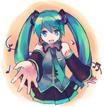  aqua_hair bare_shoulders beamed_eighth_notes detached_sleeves foreshortening hands hatsune_miku long_hair musical_note quarter_note shati solo twintails vocaloid 