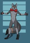  brown_eyes canine dark_grey digitigrade_legs el-gallo fox light_grey male mammal nude paded_paws red_buckle simple_background smile solo 