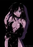  amei_sumeru black_hair breasts center_opening choker cleavage covered_nipples detached_sleeves latex medium_breasts one_eye_closed original pelvic_curtain purple_eyes shadow solo 