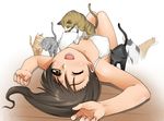  artist_request blush bra breasts cat cleavage copyright_request licking lingerie medium_breasts one_eye_closed smile solo underwear 