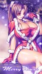 artist_request breasts brown_hair christmas cleavage fatal_fury fur_trim gloves huge_breasts long_hair ponytail red_gloves santa_costume shiranui_mai sitting snk snow snowing solo the_king_of_fighters 