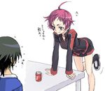  1girl ahoge arm_support bent_over can character_request dr_pepper dragonaut grin jacket looking_away miniskirt pink_hair satou_atsuki short_hair simple_background skirt smile souya_akira standing standing_on_one_leg table 
