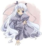  barasuishou black_dress closed_mouth dress expressionless flower_eyepatch full_body juliet_sleeves long_hair long_sleeves puffy_sleeves rozen_maiden silver_hair sitting solo takano_natsuki very_long_hair yellow_eyes yokozuwari 