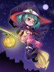  artist_request broom broom_riding cape full_moon green_hair halloween hat marshmallow_times moon night sidesaddle solo striped striped_legwear thighhighs witch witch_hat 