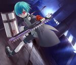 blood blue_hair copyright_request glowing red_eyes shield short_hair solo uni 